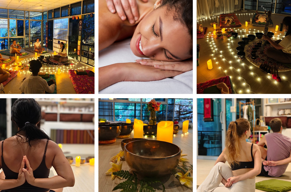 people at yoga studio enjoying sound bath and massage at samadee yoga mini retreat in aonang