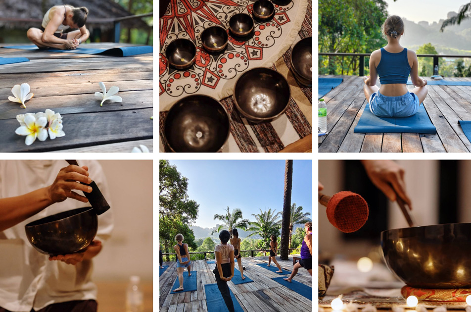 various people sitting on yoga mats during a soul reset session and a sound bath from singing bowls with samadee yoga