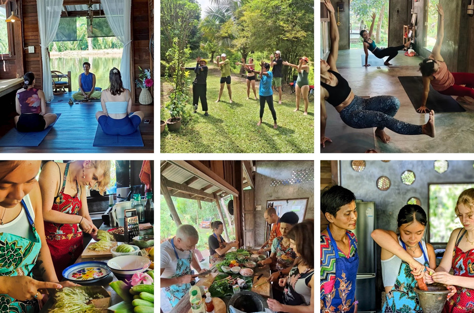 people enjoying yoga class and thai cooking lesson at cooking with mai in krabi with samadee yoga