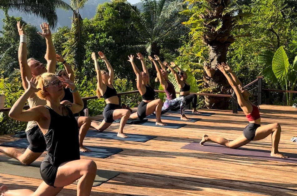 a group of people doing yoga poses on the outdoor platform, surrounded by nature with samadee yoga at aonang fiore resort